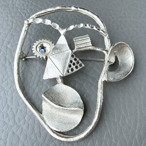 Vintage Modernist Cubist Face Brooch Abstract Silver Tone Textured Metal Pin